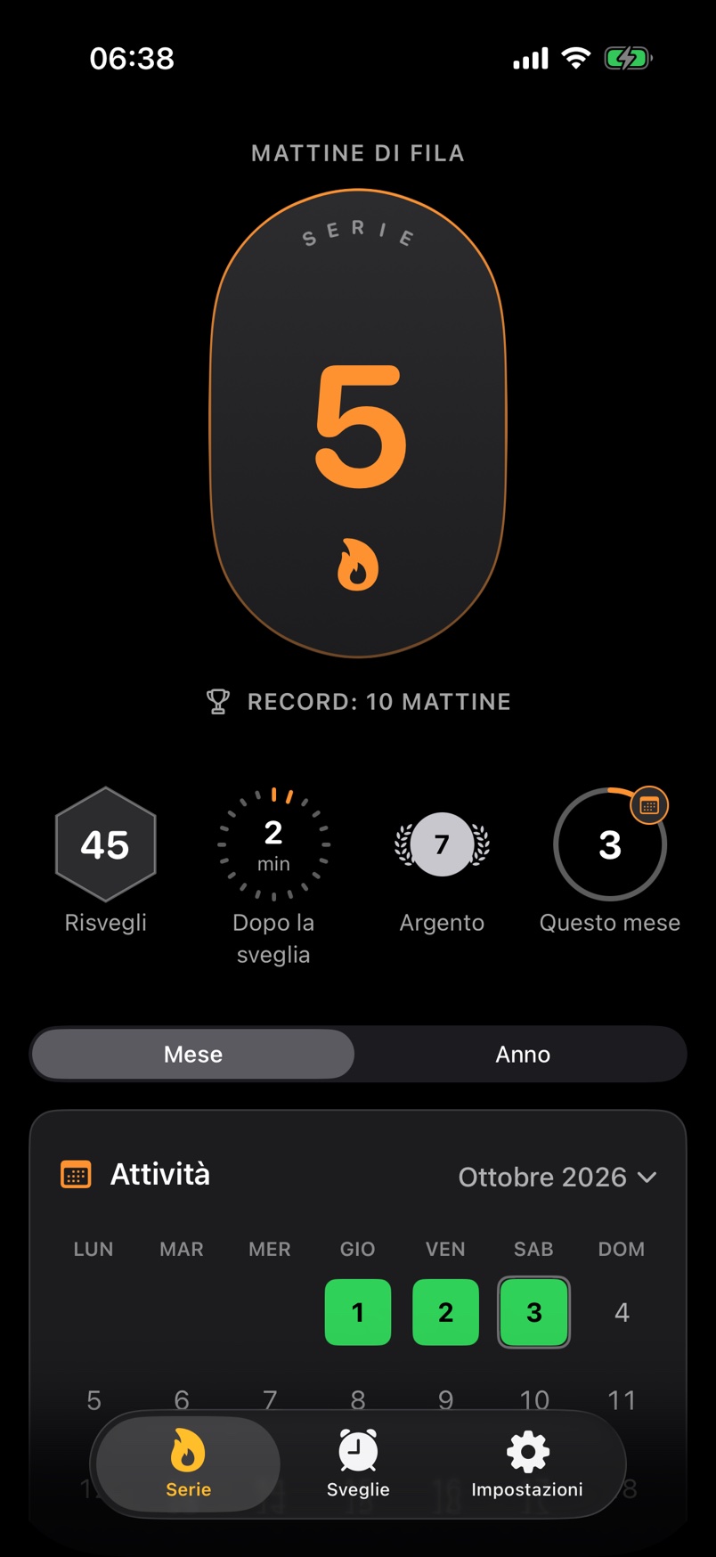 La schermata «Serie» di AlarmStreak: mattine di fila, record, badge e attività.