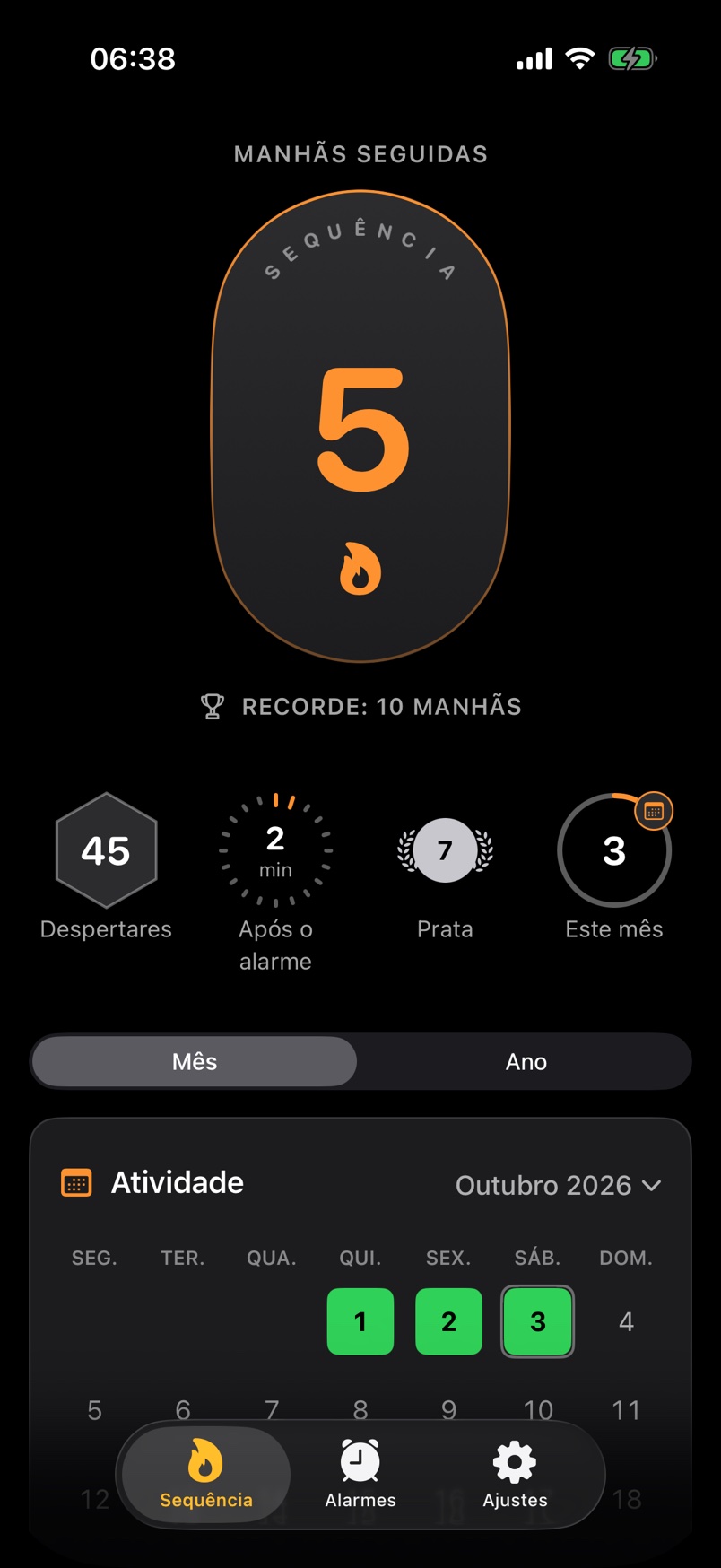 A tela “Sequência” do AlarmStreak: manhãs seguidas, recorde, medalhas e atividade.